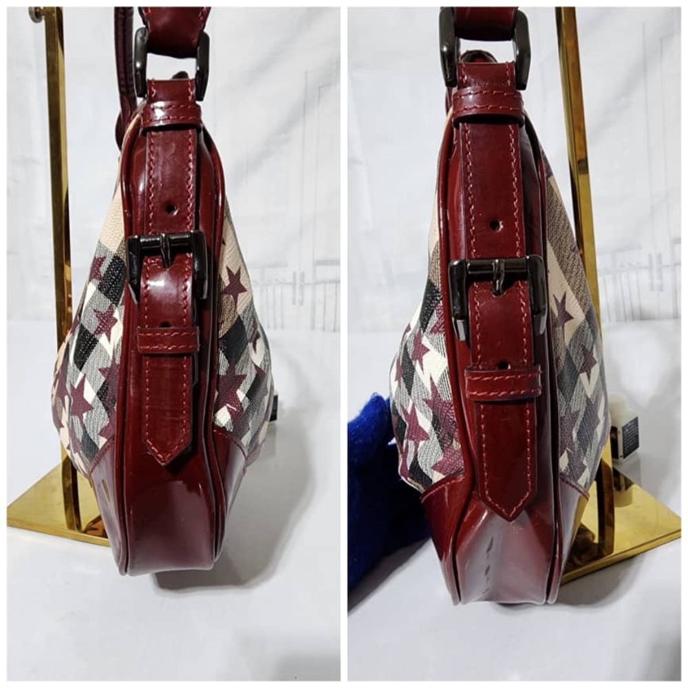 Authentic Burberry Nova Check Berry Red Star Small Hernville Hobo Bag Burgundy - Picture 8 of 13